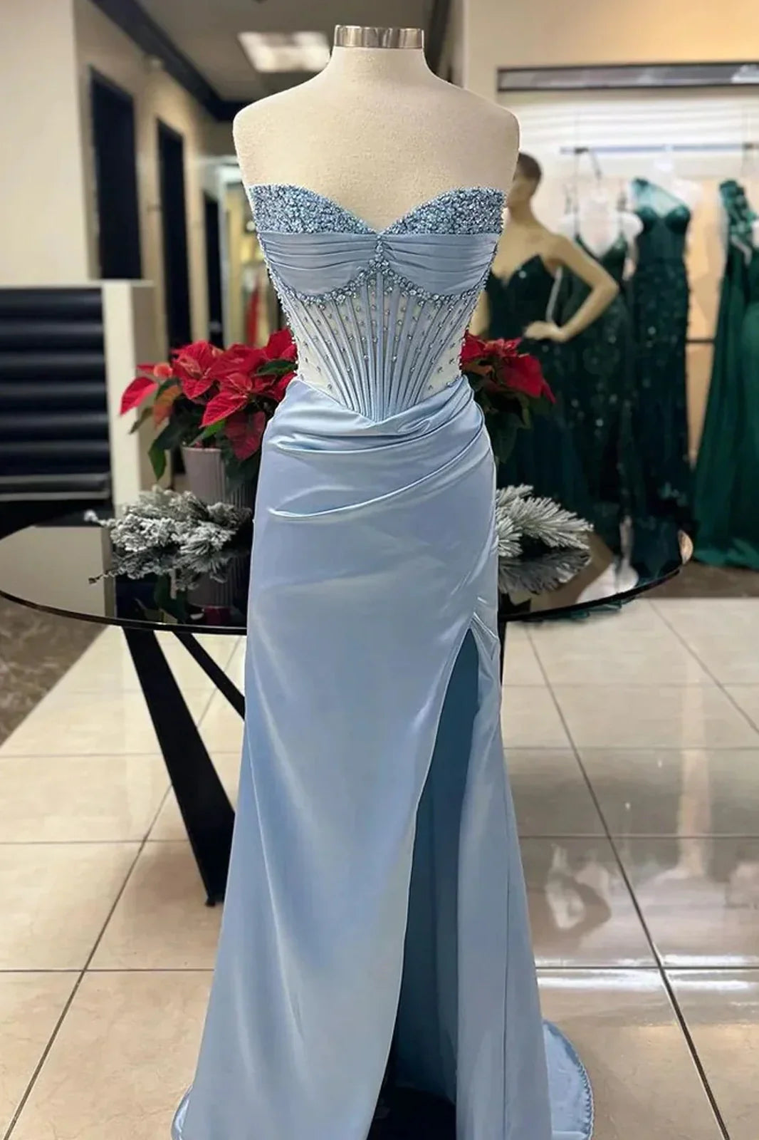 Chic Mermaid Spaghetti StrapsSatin  Long Formal Dress With Beading Wedding Guest Dress