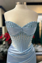 Chic Mermaid Spaghetti StrapsSatin  Long Formal Dress With Beading Wedding Guest Dress