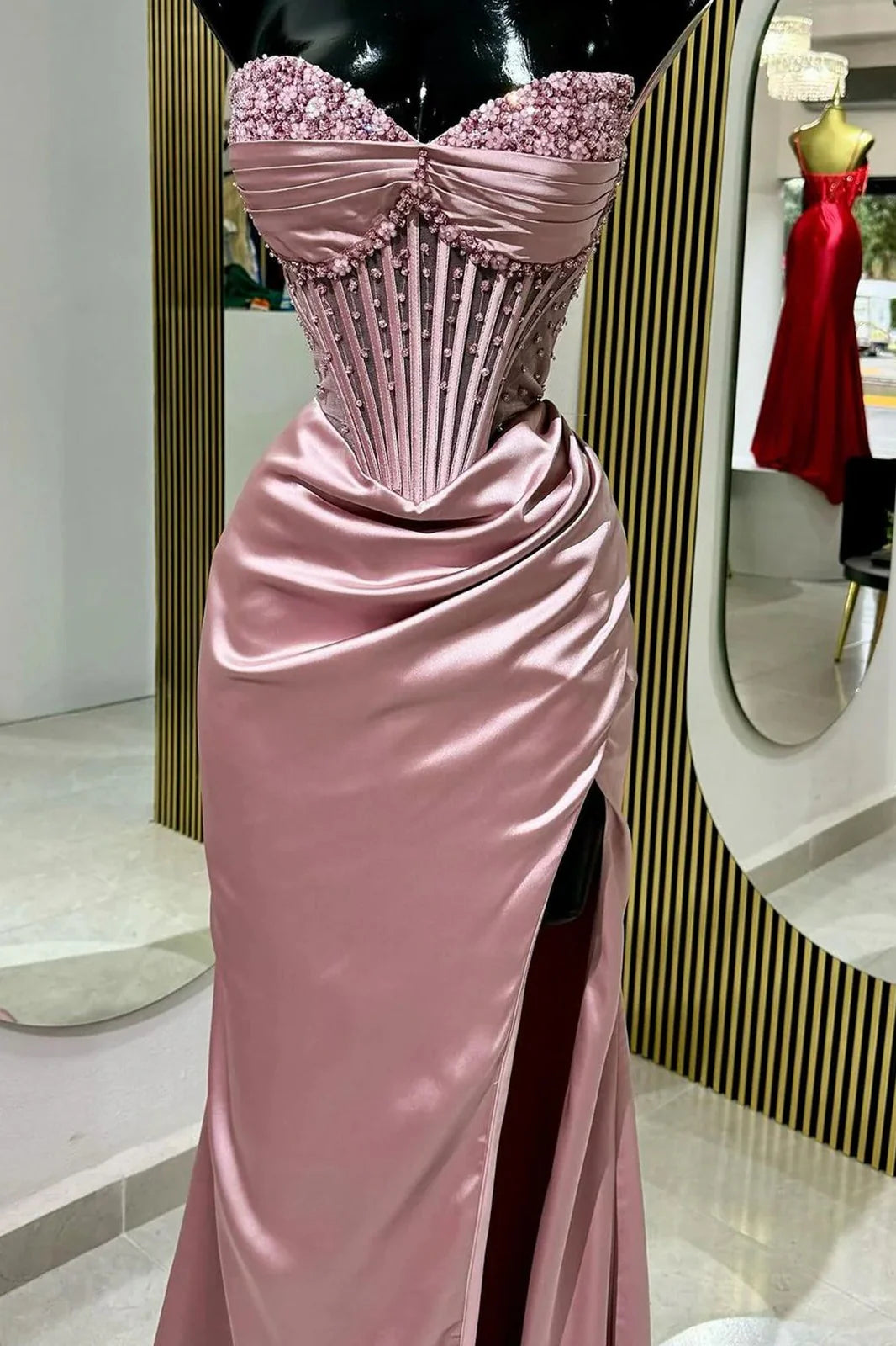 Chic Mermaid Spaghetti StrapsSatin  Long Formal Dress With Beading Wedding Guest Dress