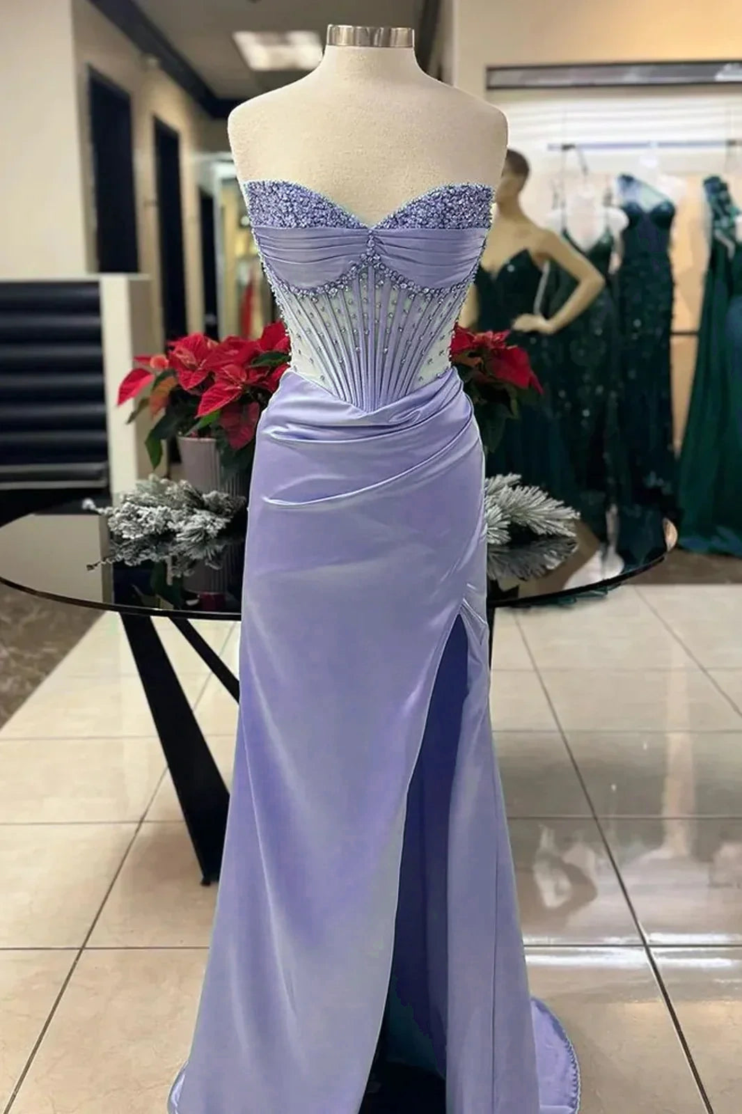 Chic Mermaid Spaghetti StrapsSatin  Long Formal Dress With Beading Wedding Guest Dress