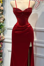 Chic Mermaid Spaghetti StrapsSatin  Long Formal Dress With Beading Wedding Guest Dress