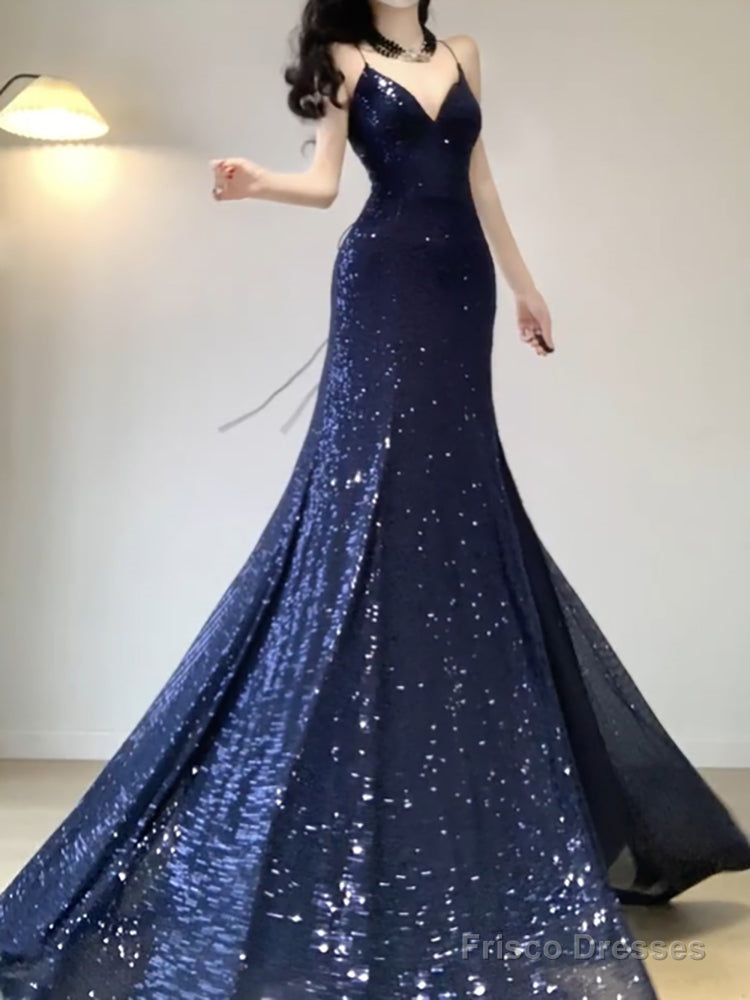 Chic Mermaid Spaghetti Straps Sequin Blue Prom Dress Birthday Dresses Birthday Outfits Main image
