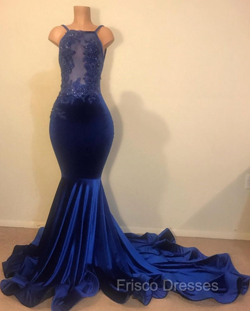 Chic Mermaid Spahgetti-Straps Openback Velvet Applique Formal Prom Party Gowns