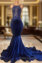 Chic Mermaid Spahgetti-Straps Openback Velvet Applique Formal Prom Party Gowns