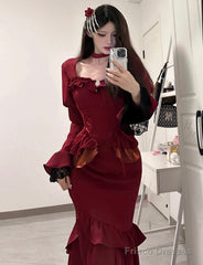 Chic Mermaid Square Neckline Christmas Dress Burgundy Birthday Dresses Birthday Outfits