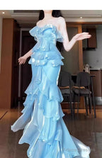 Chic Mermaid Strapless Light Sky Blue Chiffon Ruffles Long Prom Dresses Birthday Outfits