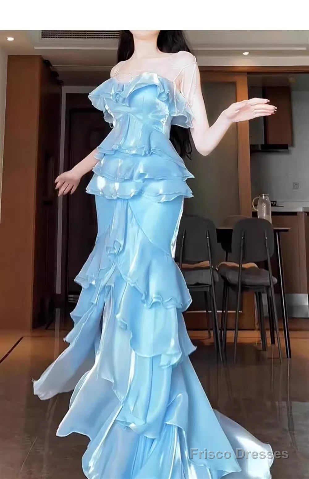 Chic Mermaid Strapless Light Sky Blue Chiffon Ruffles Long Prom Dresses Birthday Outfits