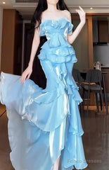 Chic Mermaid Strapless Light Sky Blue Chiffon Ruffles Long Prom Dresses Birthday Outfits