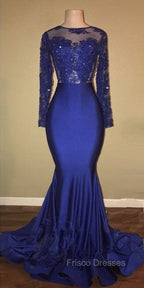 Chic Open Back Royal Blue Real Model Formal Prom Dress Lace Long Sleeves Mermaid Evening Gown