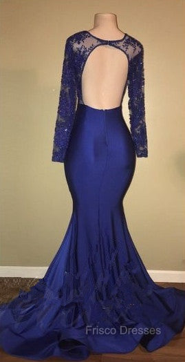 Chic Open Back Royal Blue Real Model Formal Prom Dress Lace Long Sleeves Mermaid Evening Gown