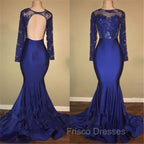 Chic Open Back Royal Blue Real Model Formal Prom Dress Lace Long Sleeves Mermaid Evening Gown