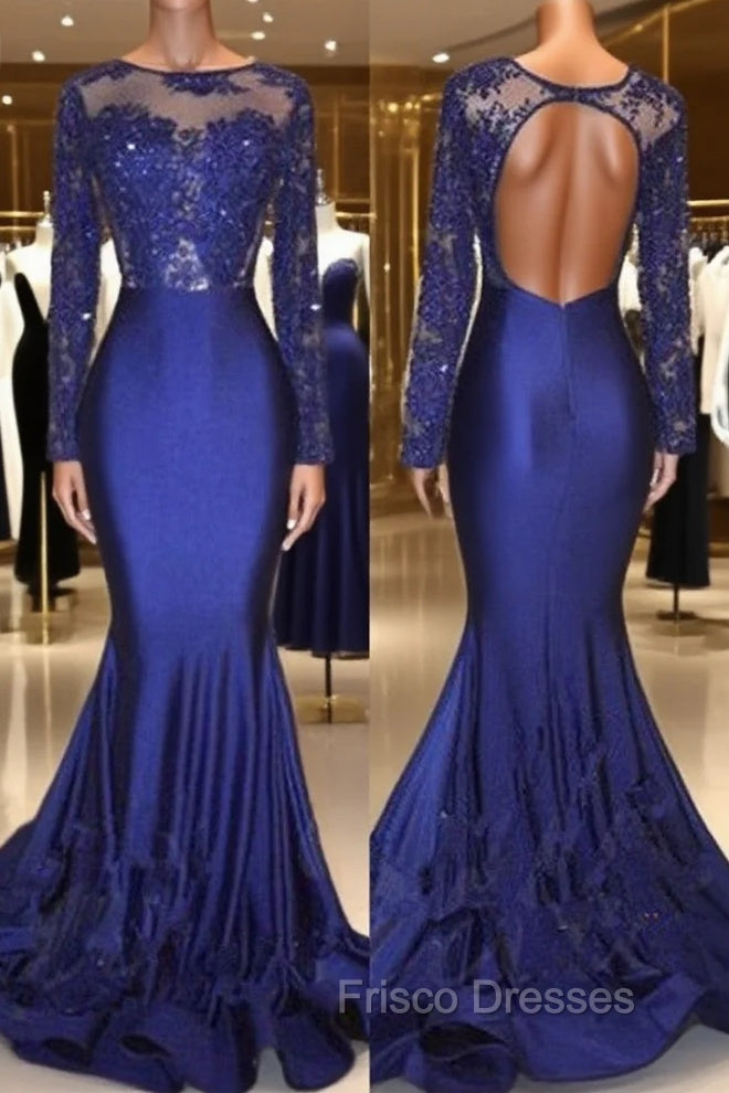 Chic Open Back Royal Blue Real Model Formal Prom Dress Lace Long Sleeves Mermaid Evening Gown Main image