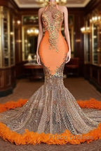 Chic Orange Long Mermaid Halter Sleeveless Tulle Formal Prom Dress