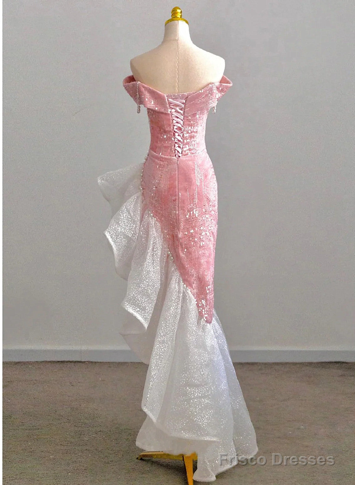 Chic Pink High Low Mermaid Off Shoulder Prom Dress, Pink Homecoming Dress