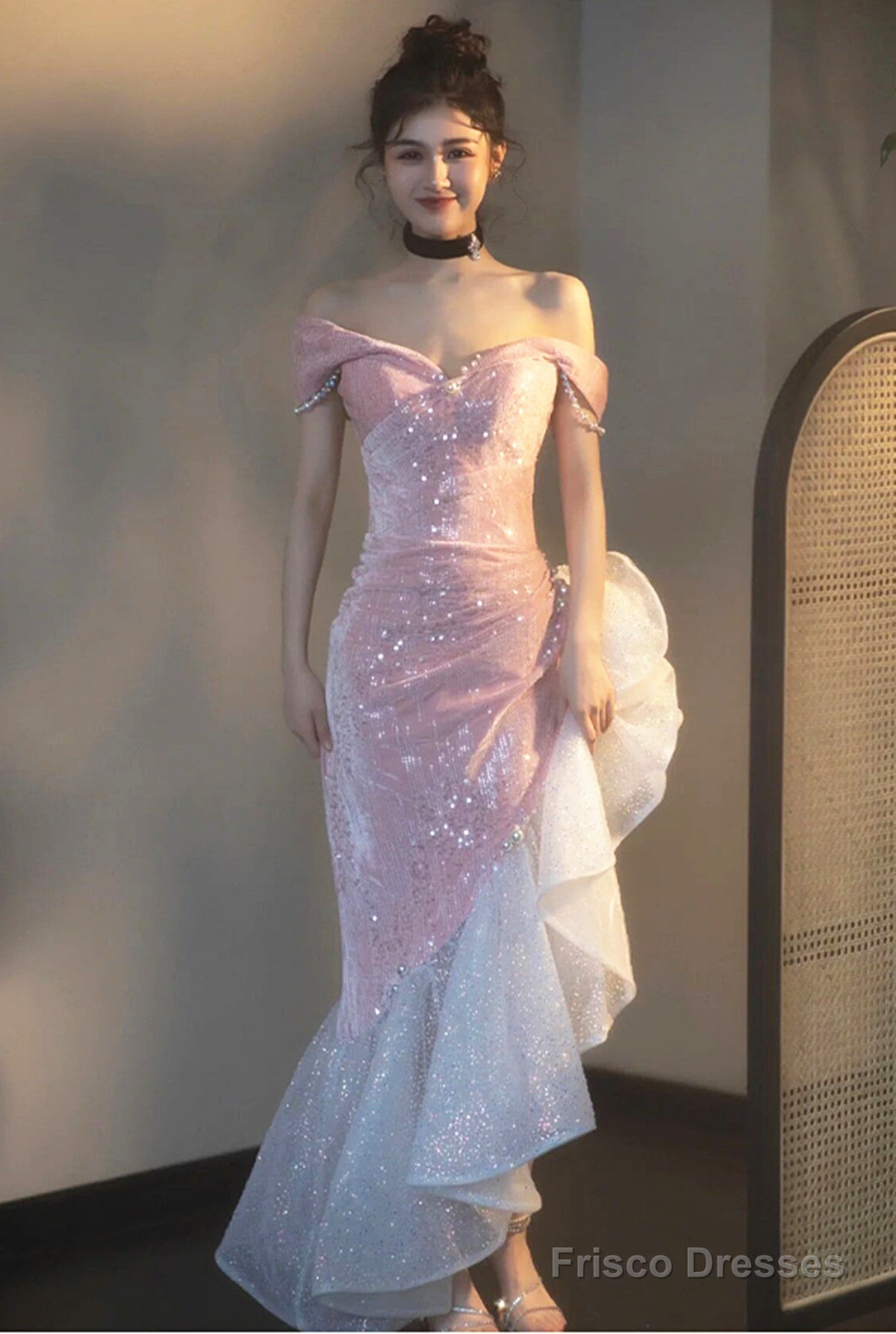 Chic Pink High Low Mermaid Off Shoulder Prom Dress, Pink Homecoming Dress