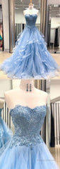 Chic Prom Dresses Sweetheart Sky Blue Ruffles Aline Lace Prom Dress