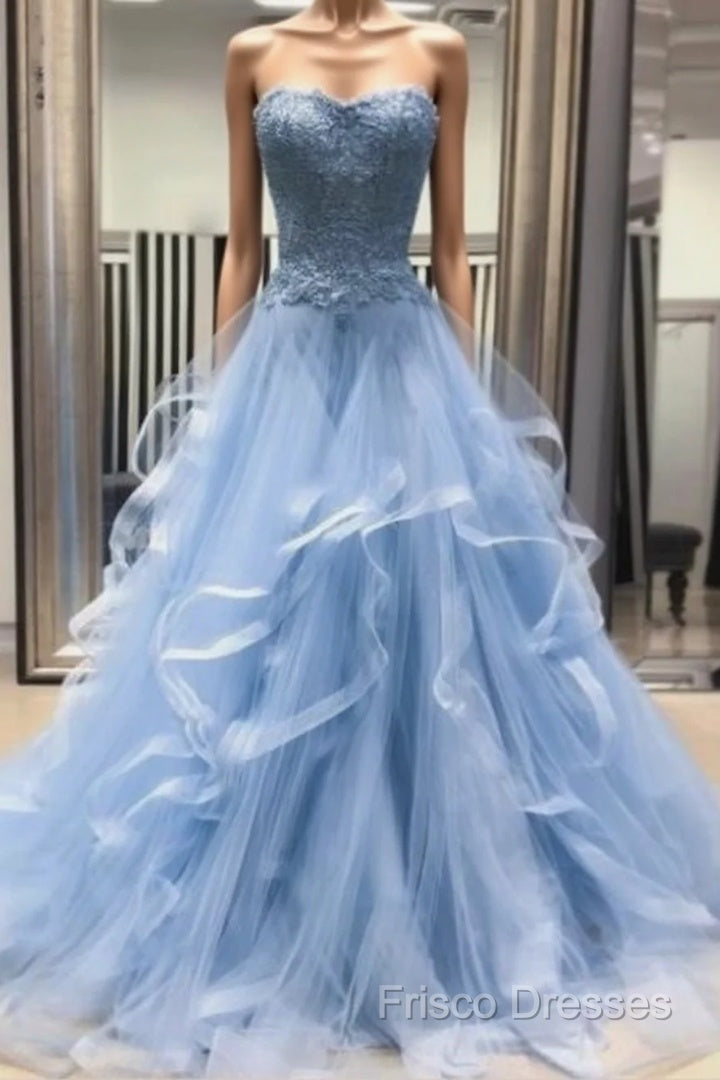 Chic Formal Prom Dress Sweetheart Sky Blue Ruffles Aline Lace Formal Prom Dress Main image