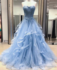 Chic Prom Dresses Sweetheart Sky Blue Ruffles Aline Lace Prom Dress