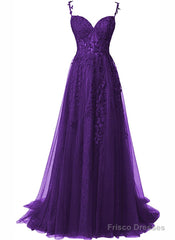 Chic Purple Sweetheart Straps Long Tulle Party Dress, Purple Long Evening Dress