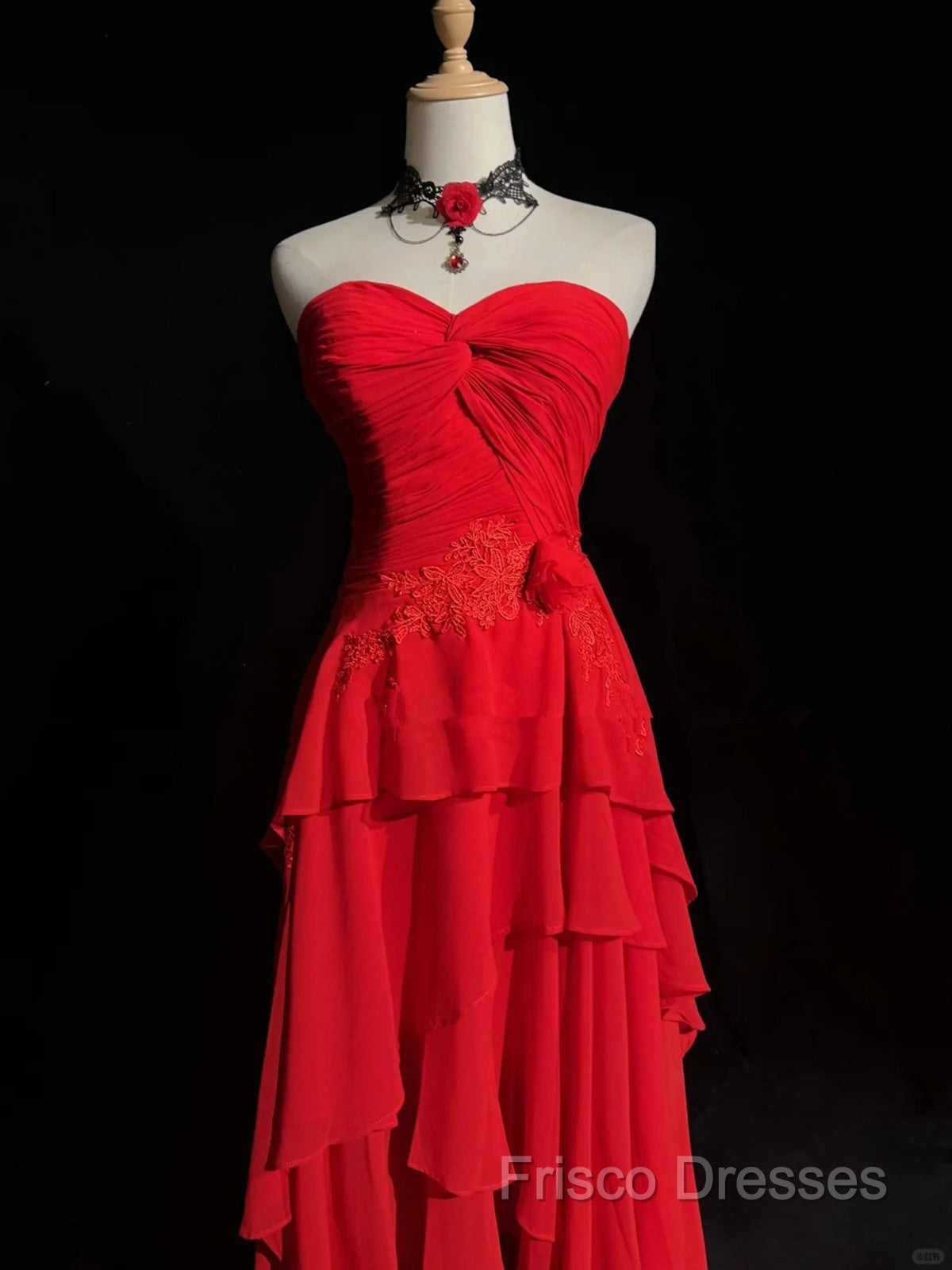 Chic Red High Low Chiffon Wedding Party Dress, Red Layers Long Formal Dress Secondary image