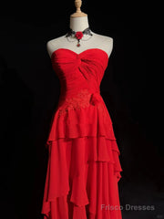 Chic Red High Low Chiffon Wedding Party Dress, Red Layers Long Formal Dress