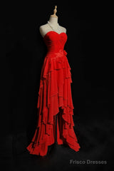 Chic Red High Low Chiffon Wedding Party Dress, Red Layers Long Formal Dress