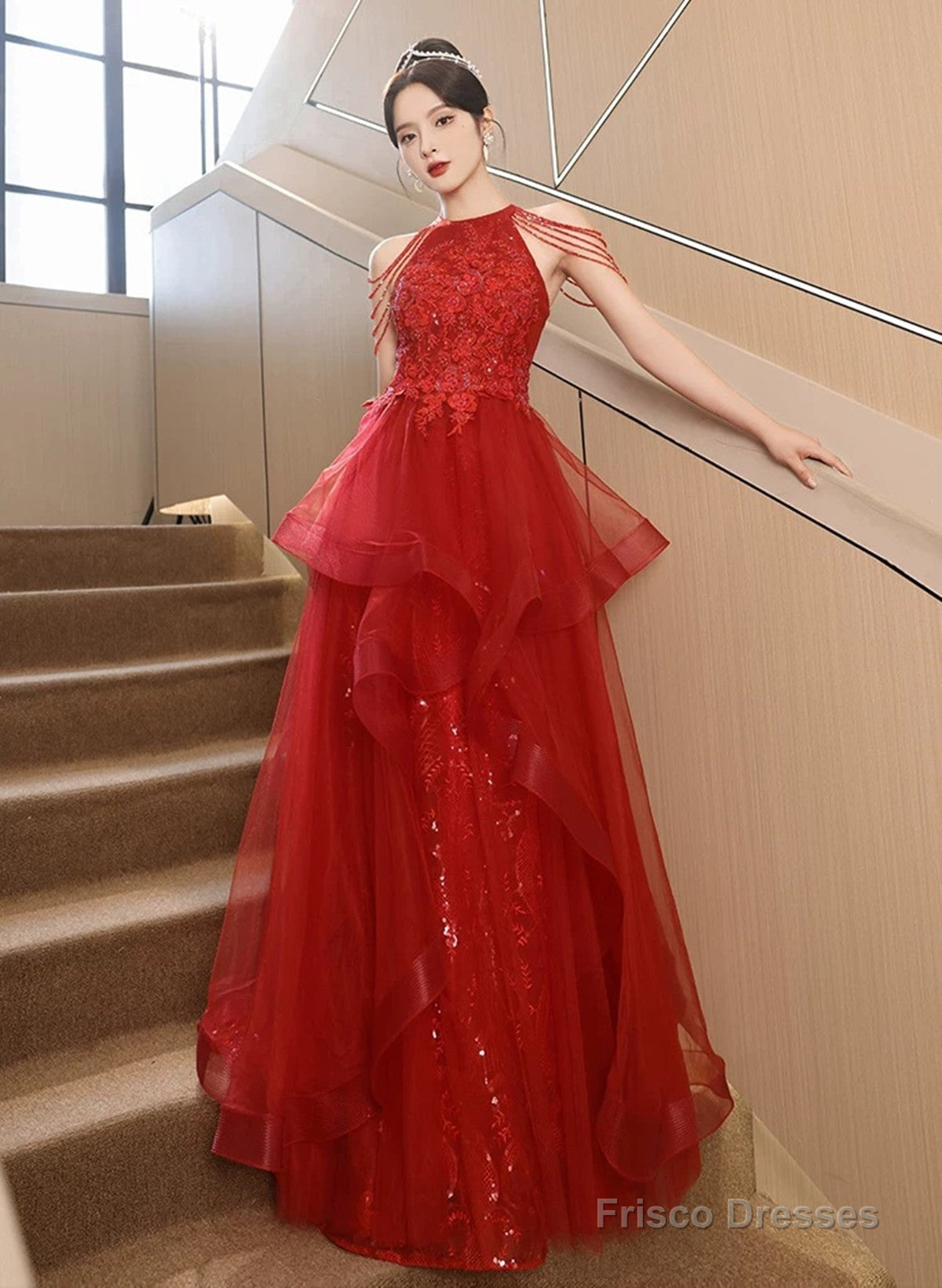 Chic Red Tulle Halter A-Line Long Evening Dress, Tulle Prom Dress Party Dress Main image