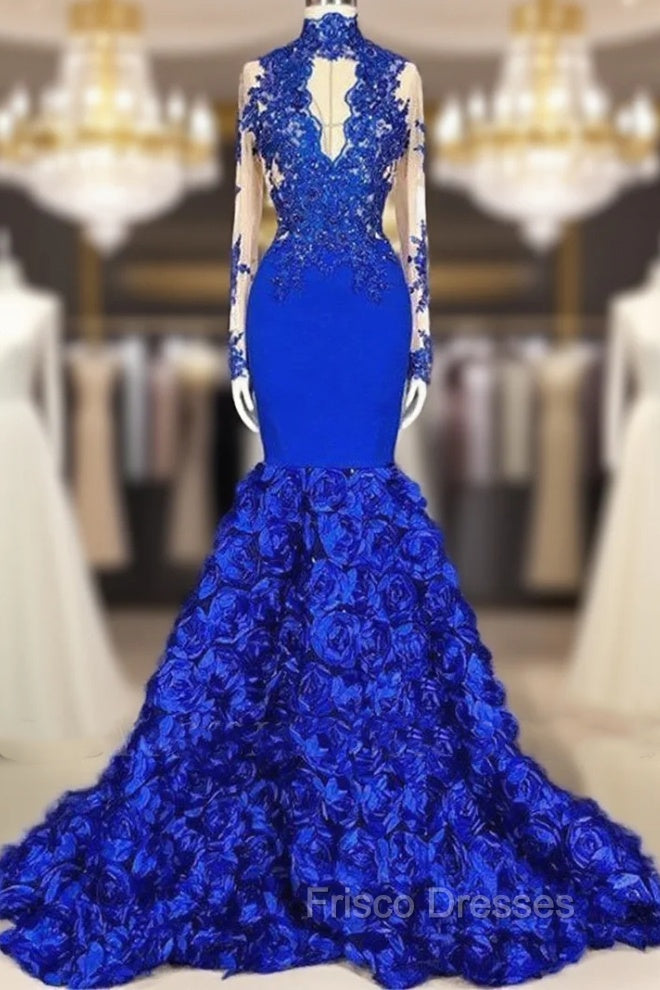 Chic Royal Blue Keyhole Flowers Train High neck Mermaid Formal Prom Party Gowns Main image