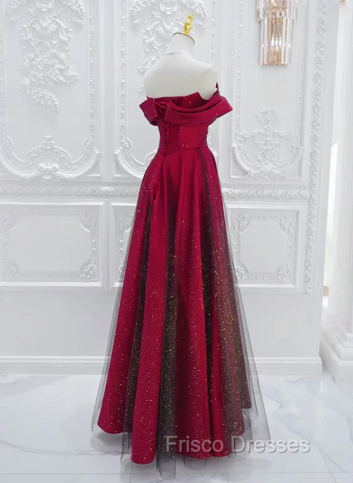 Chic Satin Long Party Dress Formal Prom Dress, A-line Red Off Shoulder Evening Dress