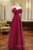 Chic Satin Long Party Dress Formal Prom Dress, A-line Red Off Shoulder Evening Dress