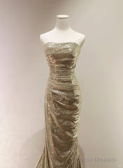 Chic Sequins Mermaid Scoop Long Formal Dress, Gold Long Prom Dress Party Dress