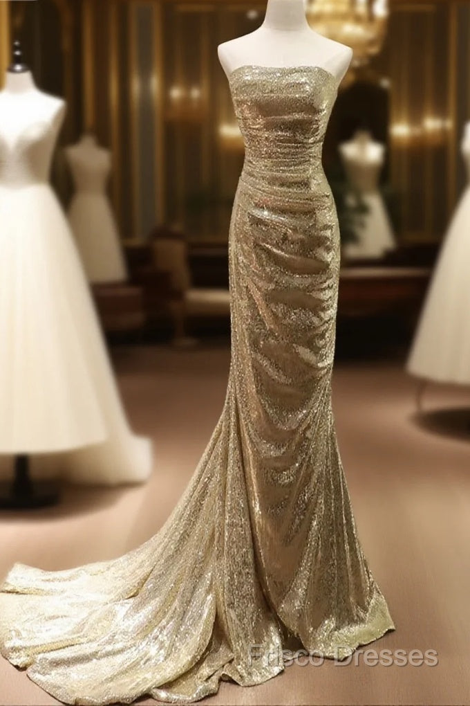 Chic Sequins Mermaid Scoop Long Formal Dress, Gold Long Formal Prom Dress Party Dress