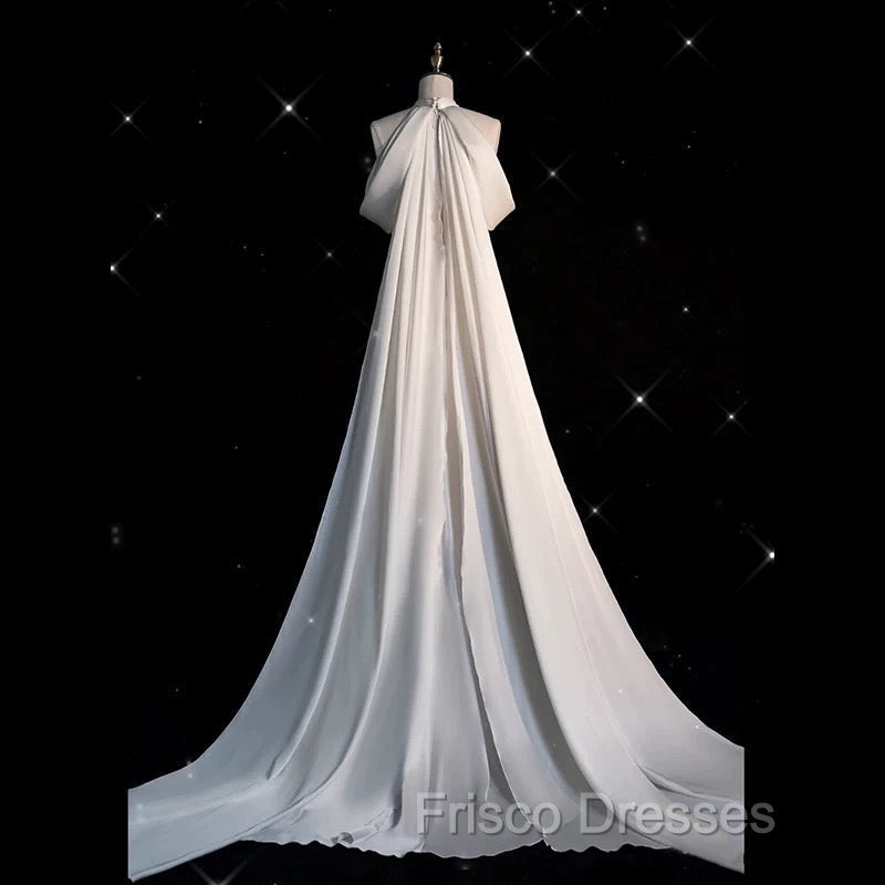 Chic Sheath High neckline Sleeveless Ivory Satin Long Wedding Dress With Train