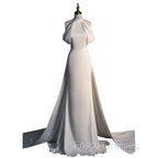 Chic Sheath High neckline Sleeveless Ivory Satin Long Wedding Dress With Train