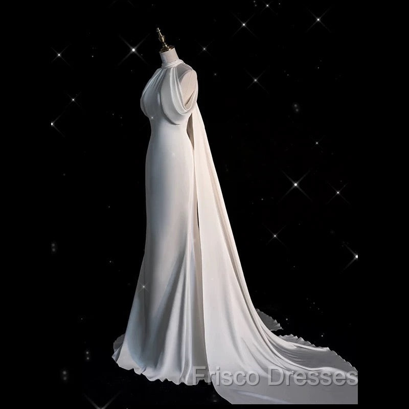 Chic Sheath High neckline Sleeveless Ivory Satin Long Wedding Dress With Train