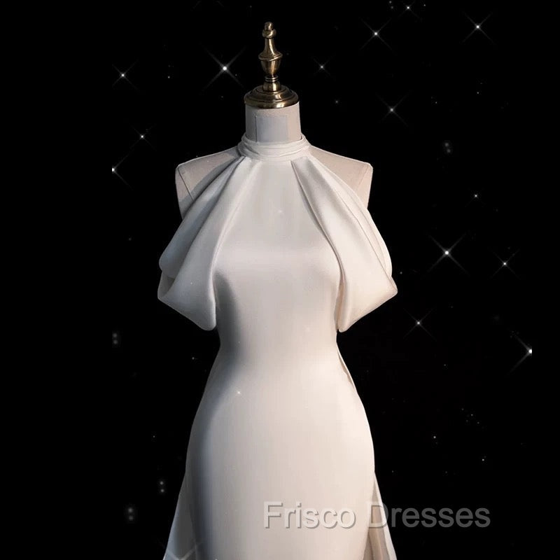 Chic Sheath High neckline Sleeveless Ivory Satin Long Wedding Dress With Train