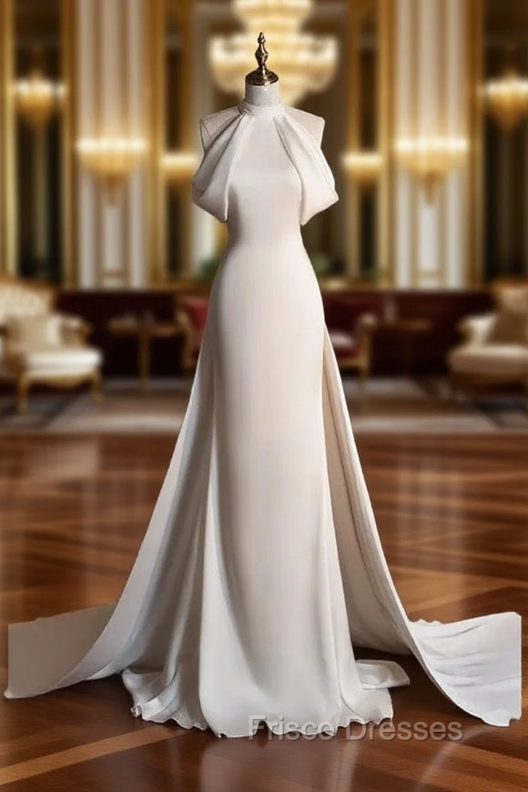 Chic Sheath High neckline Sleeveless Ivory Satin Long Wedding Dress With Train Main image
