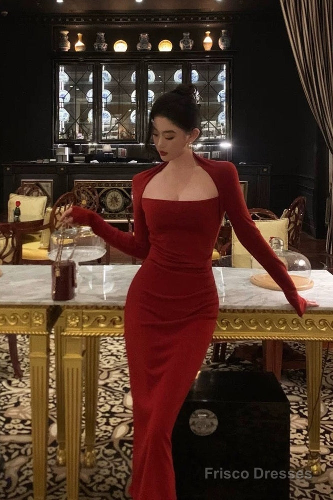 Chic Sheath Long Sleeves Red Prom Dresses Sexy Birthday Outfits Secondary image