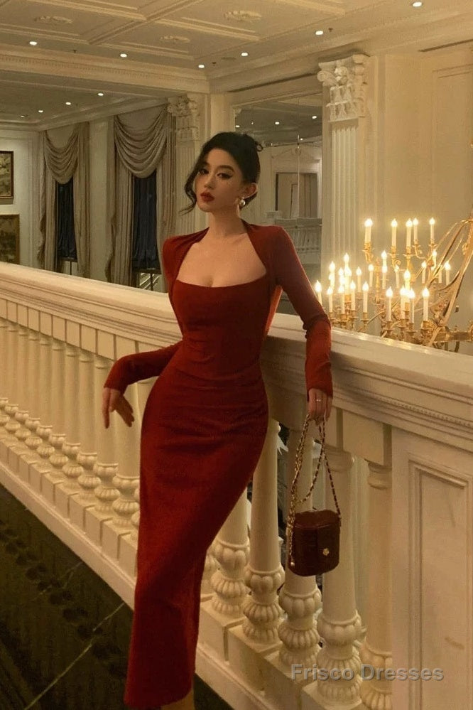 Chic Sheath Long Sleeves Red Prom Dresses Sexy Birthday Outfits Main image