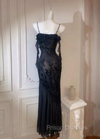 Chic Sheath Spaghetti Straps Black Evening Dress Long Formal Prom Dress