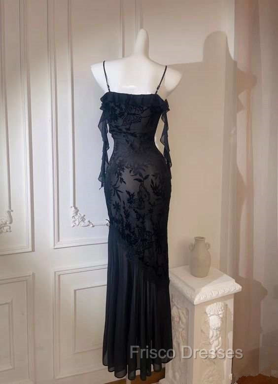 Chic Sheath Spaghetti Straps Black Evening Dress Long Formal Prom Dress