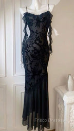 Chic Sheath Spaghetti Straps Black Evening Dress Long Formal Prom Dress
