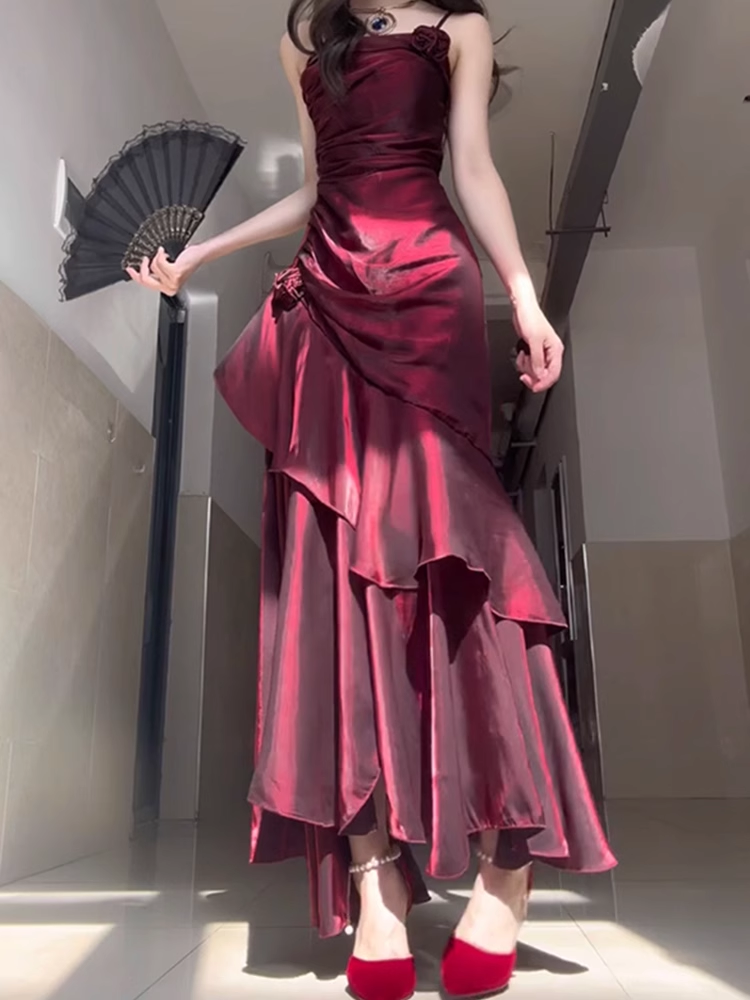 Chic Sheath Spaghetti Straps Burgundy Long Party Dresses Birthday Outfits Main image