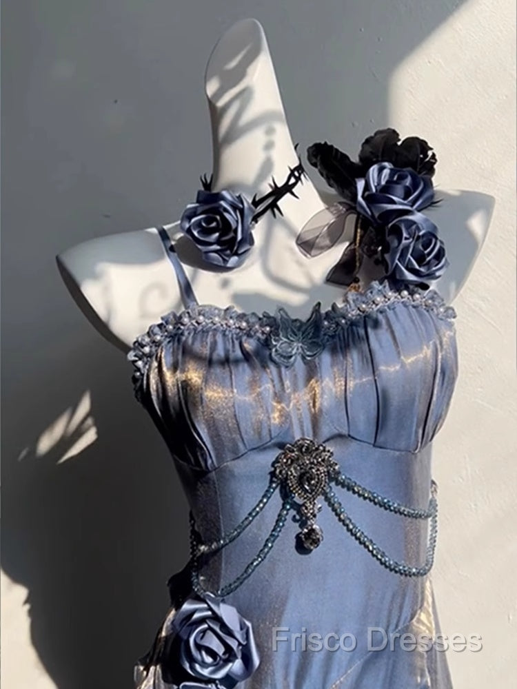 Chic Sheath Spaghetti Straps Floral Blue Long Party Dress Birthday Outfits With Sleeves Secondary image