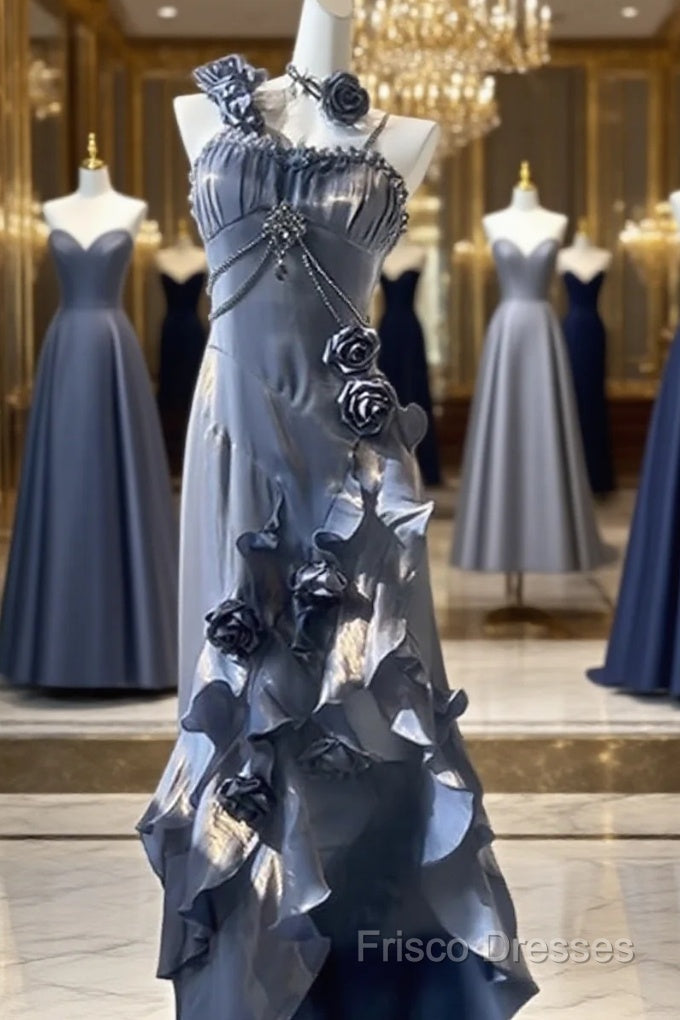 Chic Sheath Spaghetti Straps Floral Blue Long Party Dress Birthday Outfits With Sleeves Main image