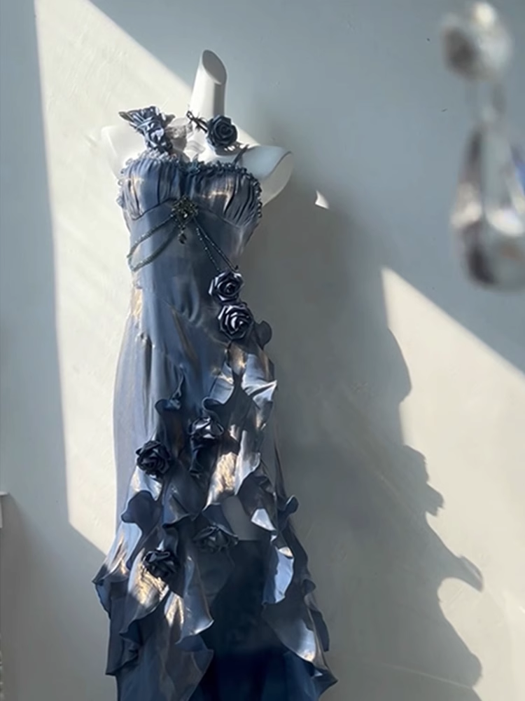 Chic Sheath Spaghetti Straps Floral Blue Long Party Dresses Birthday Outfits With Sleeves Main image