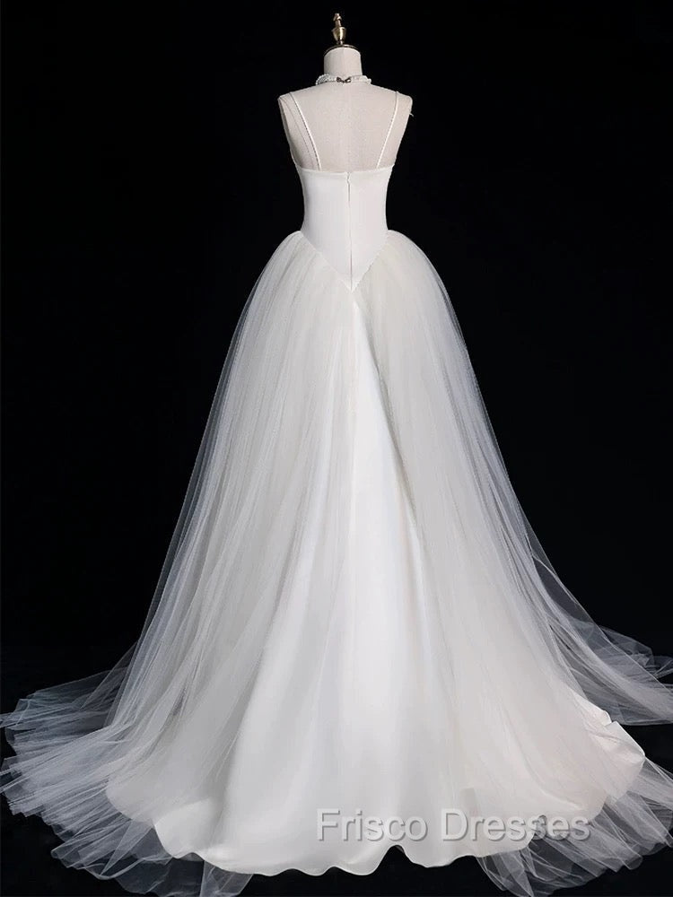 Chic Sheath Spaghetti Straps Sleeveless White Satin Wedding Dress With Ruffles Secondary image