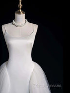 Chic Sheath Spaghetti Straps Sleeveless White Satin Wedding Dress With Ruffles