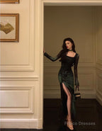 Chic Sheath Square Neckline Long Sleeves Green Long Prom Dresses Birthday Dress
