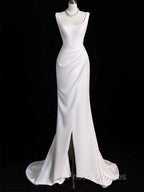 Chic Sheath Square Neckline Sleeveless White Satin Slit Wedding Dress With Ruffles